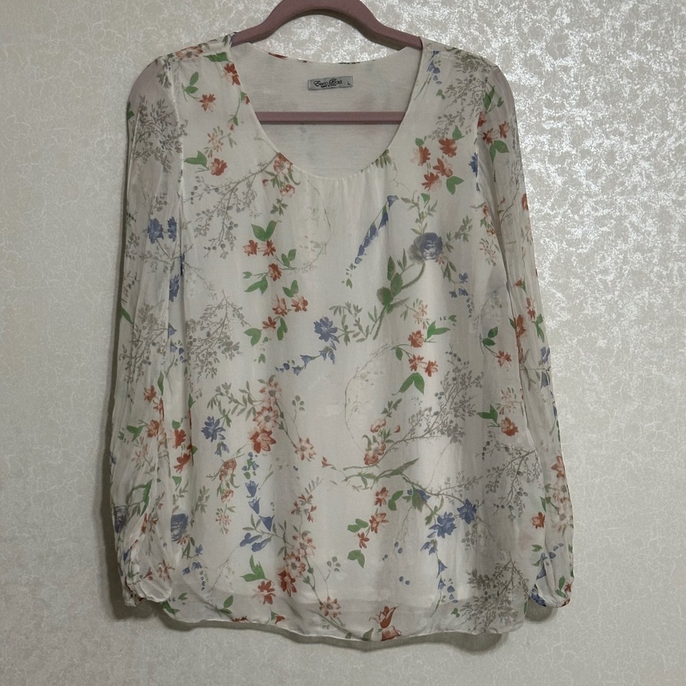 Elena Baldi Made in Italy Sheer Floral Print Long Sleeve Silk‎ Blouse Cottage L
